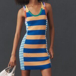 #20 NWT MOTHER Denim The Chin Ups Mini Dress in Navy Blue Stripe